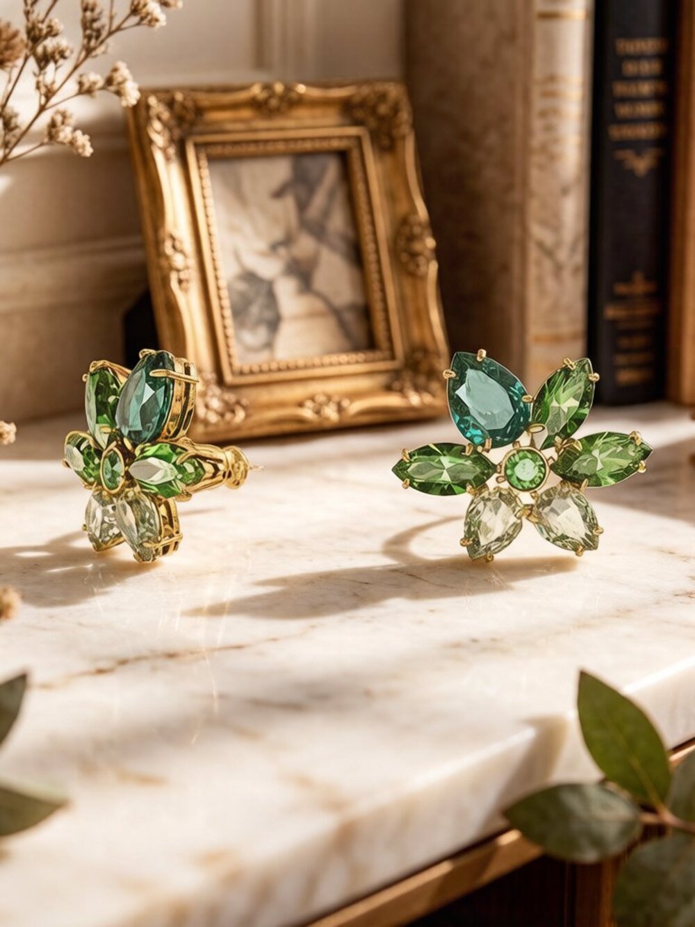 Swarovski Green Crystal Flower Earrings with Mixed Cut Gemstones